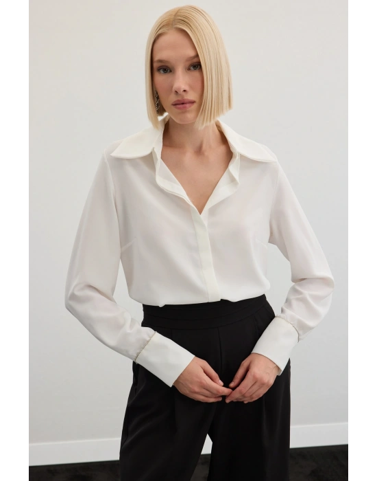 Aksesuarlı Klasik Gömlek - Ekru