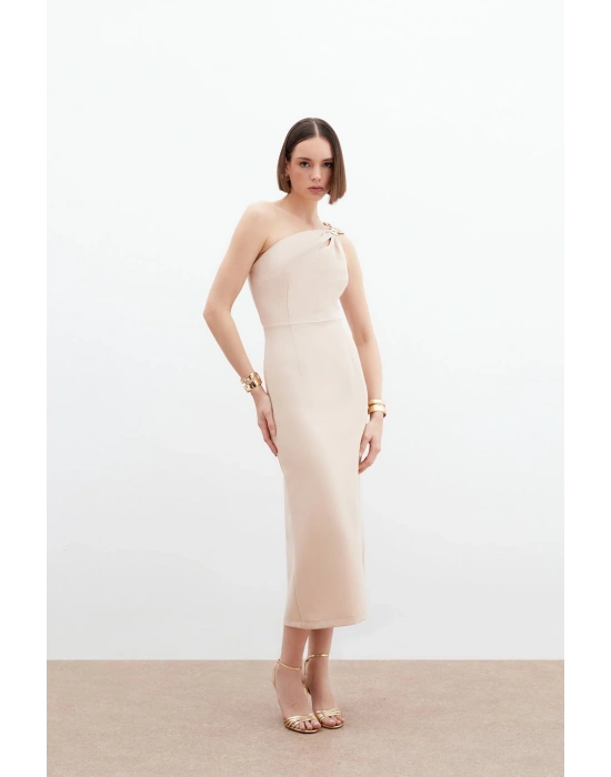 Aksesuar Detaylı Elbise - Bej