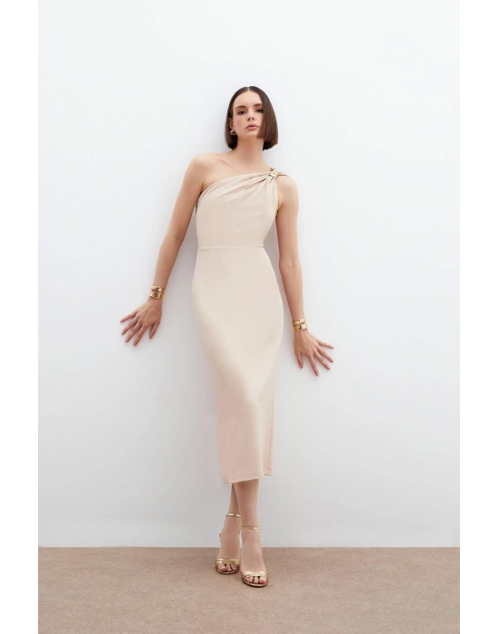 Aksesuar Detaylı Elbise - Bej
