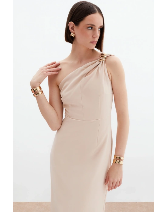 Aksesuar Detaylı Elbise - Bej