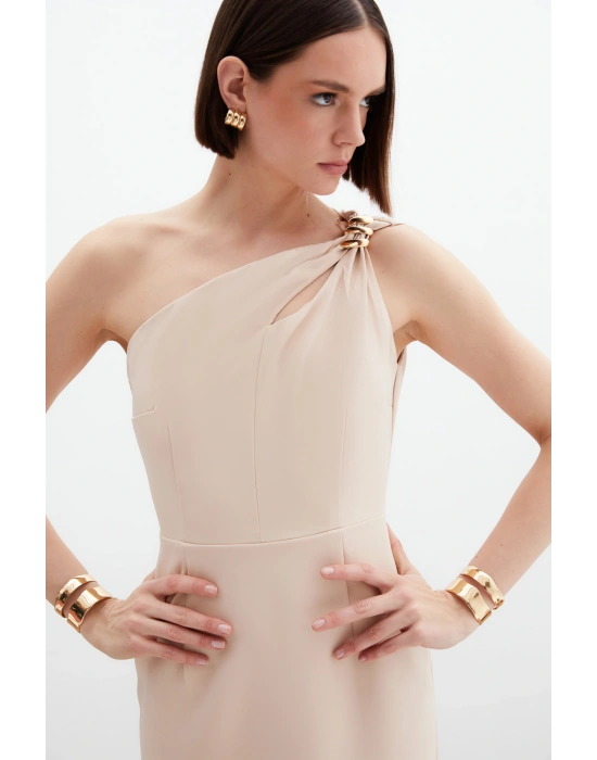 Aksesuar Detaylı Elbise - Bej