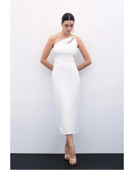 Aksesuar Detaylı Elbise - Ekru