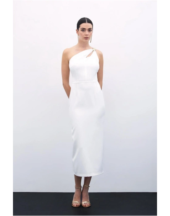 Aksesuar Detaylı Elbise - Ekru