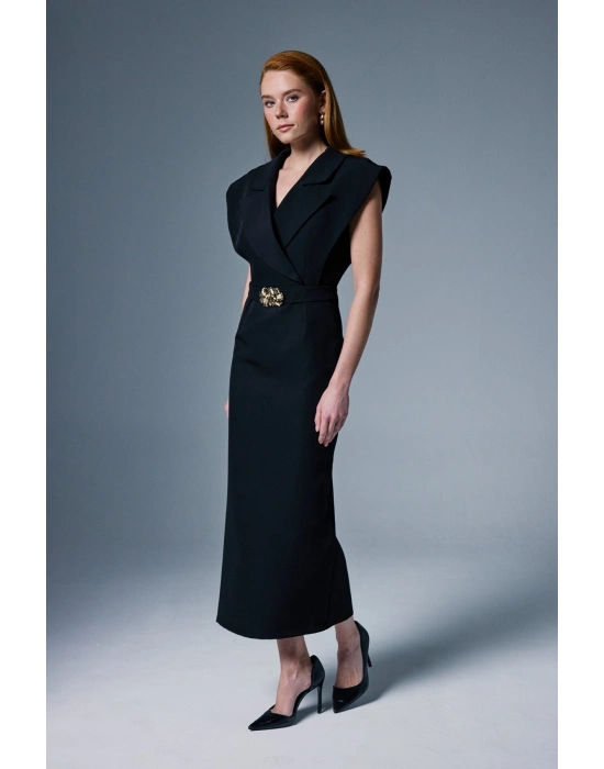 Aksesuar Detaylı Maxi Elbise - Siyah