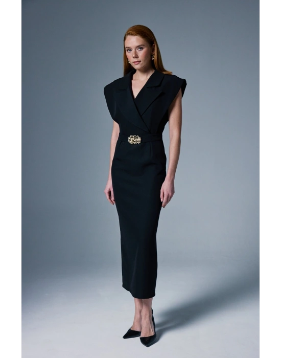 Aksesuar Detaylı Maxi Elbise - Siyah