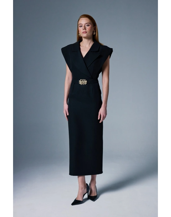 Aksesuar Detaylı Maxi Elbise - Siyah