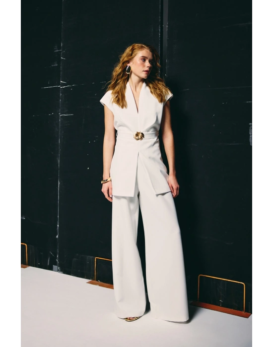 Aksesuar Kuşaklı Kolsuz Bluz - Ekru