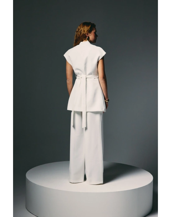 Aksesuar Kuşaklı Kolsuz Bluz - Ekru