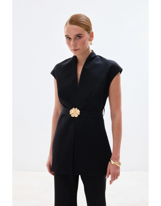 Aksesuar Kuşaklı Kolsuz Bluz - Siyah