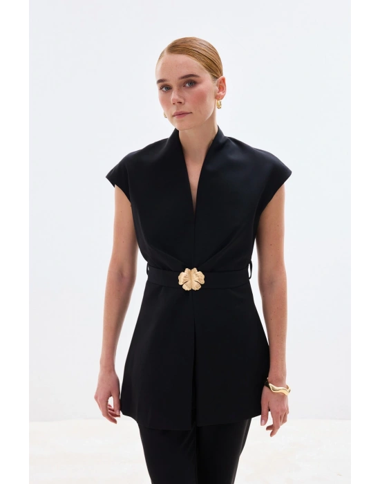 Aksesuar Kuşaklı Kolsuz Bluz - Siyah