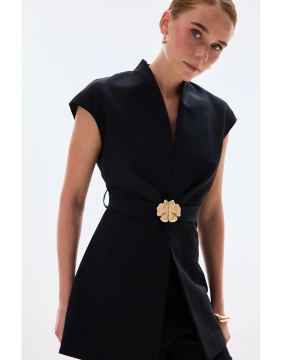 Aksesuar Kuşaklı Kolsuz Bluz - Siyah