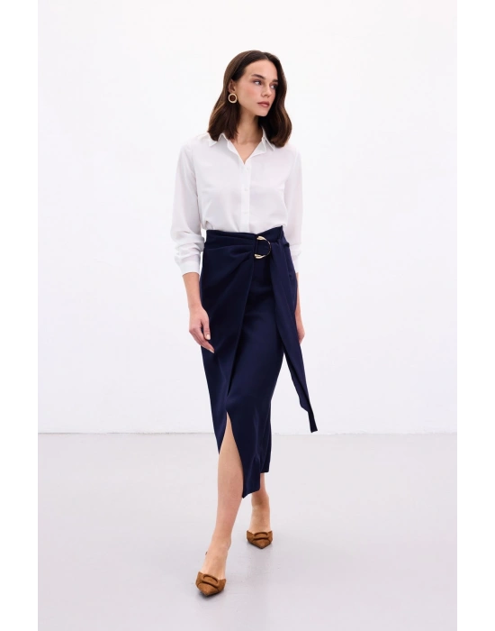 Aksesuar Kuşaklı Yırtmaçlı Etek - Lacivert