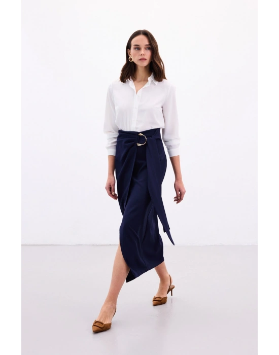 Aksesuar Kuşaklı Yırtmaçlı Etek - Lacivert