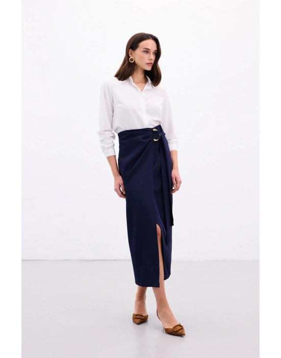 Aksesuar Kuşaklı Yırtmaçlı Etek - Lacivert