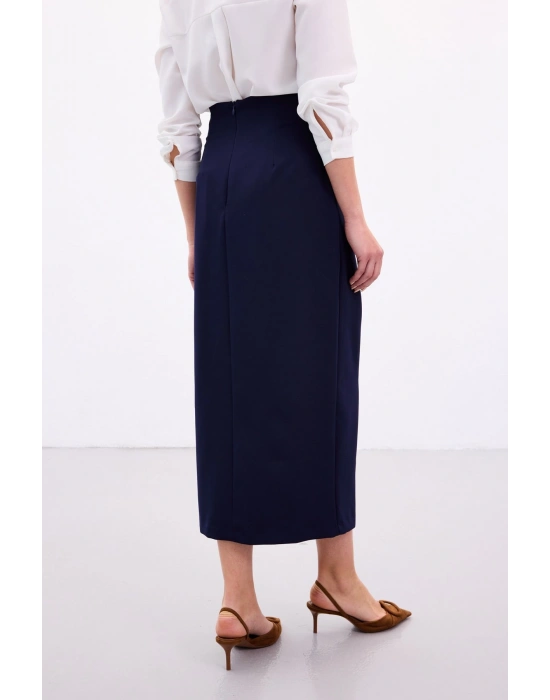 Aksesuar Kuşaklı Yırtmaçlı Etek - Lacivert