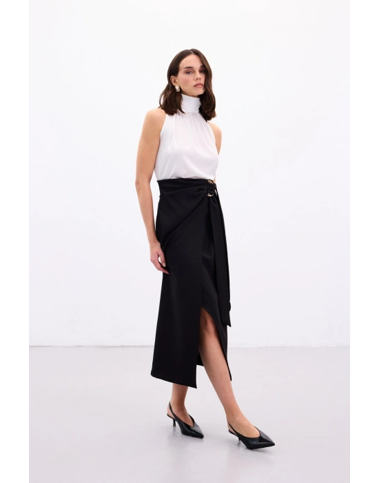 Aksesuar Kuşaklı Yırtmaçlı Etek - Siyah