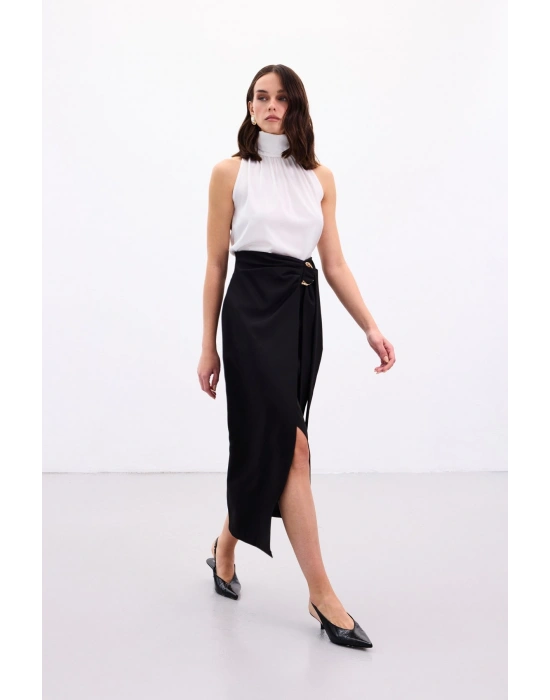 Aksesuar Kuşaklı Yırtmaçlı Etek - Siyah