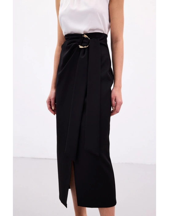 Aksesuar Kuşaklı Yırtmaçlı Etek - Siyah