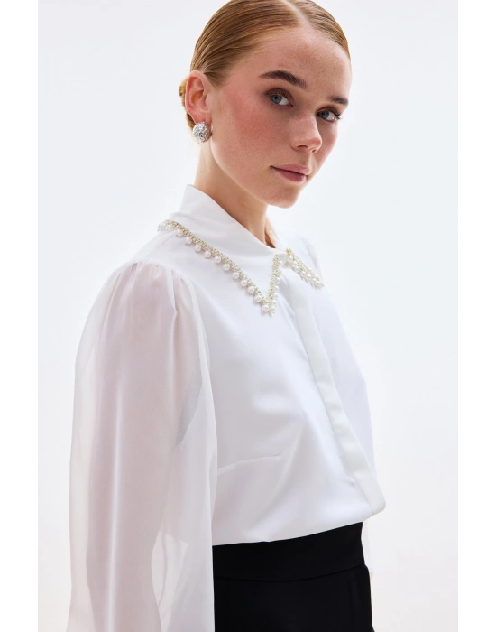 Aksesuar Yakalı Gömlek - Ekru