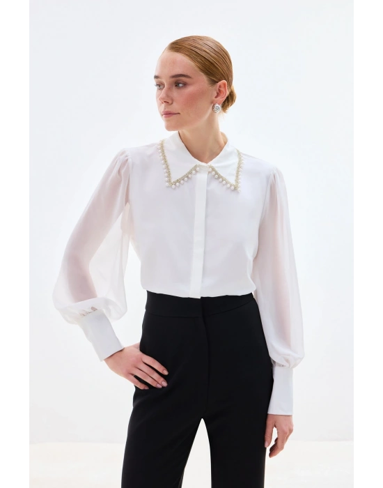 Aksesuar Yakalı Gömlek - Ekru