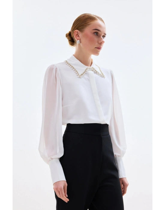 Aksesuar Yakalı Gömlek - Ekru