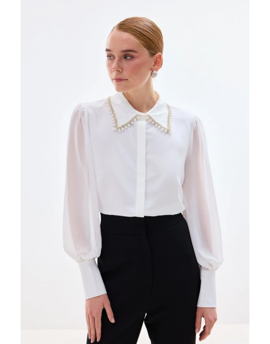 Aksesuar Yakalı Gömlek - Ekru