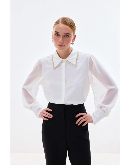 Aksesuar Yakalı Gömlek - Ekru