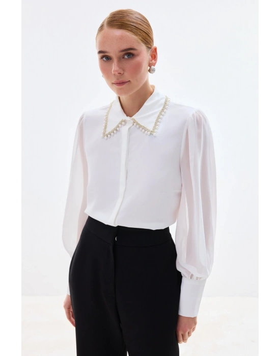 Aksesuar Yakalı Gömlek - Ekru