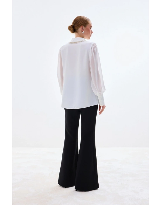 Aksesuar Yakalı Gömlek - Ekru