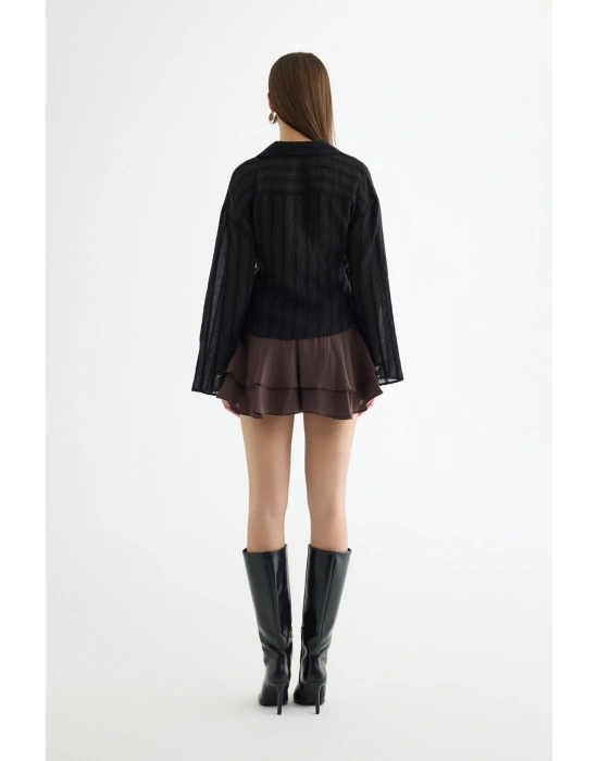 Anvelop Yaka Bağcıklı Tül Bluz Siyah