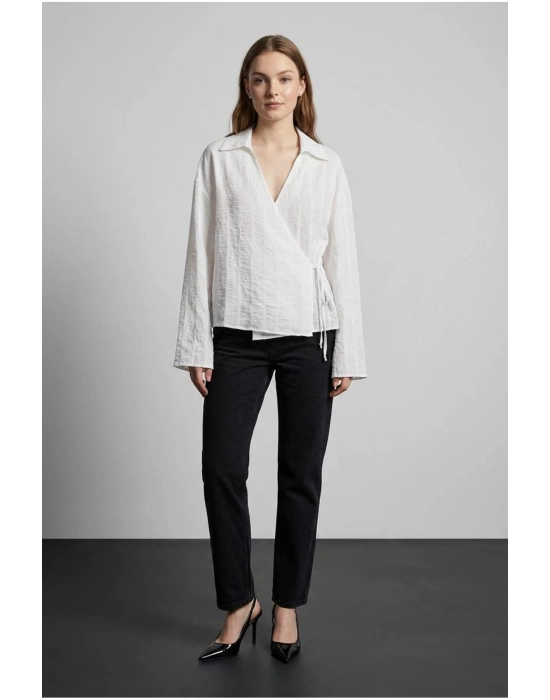 Bağlama Detaylı Kruvaze Bluz Ekru