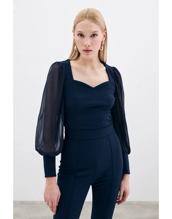 Balon Kol Crop Bluz - LACİVERT