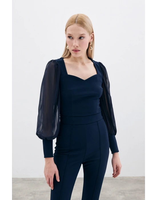 Balon Kol Crop Bluz - LACİVERT