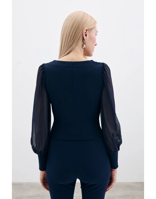 Balon Kol Crop Bluz - LACİVERT