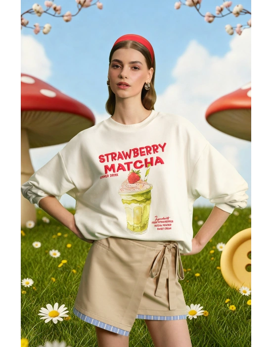 Baskı Detaylı Sweatshirt Ekru