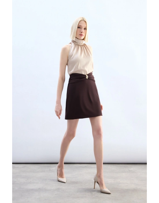 Bel Aksesuarlı Mini Etek - Kahve