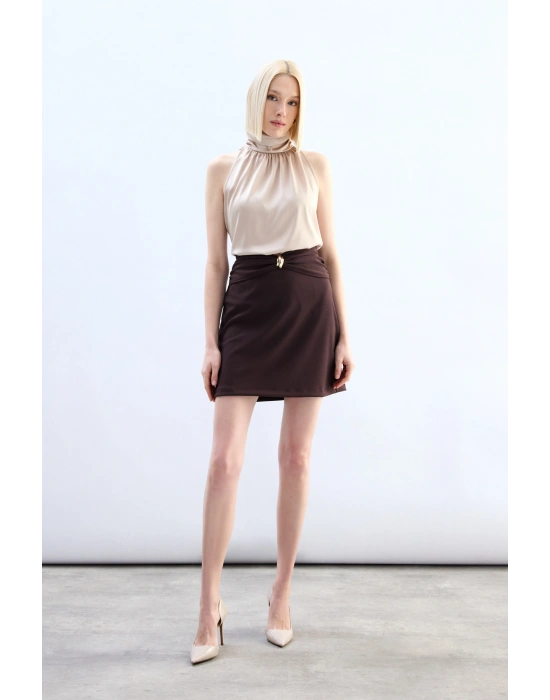 Bel Aksesuarlı Mini Etek - Kahve