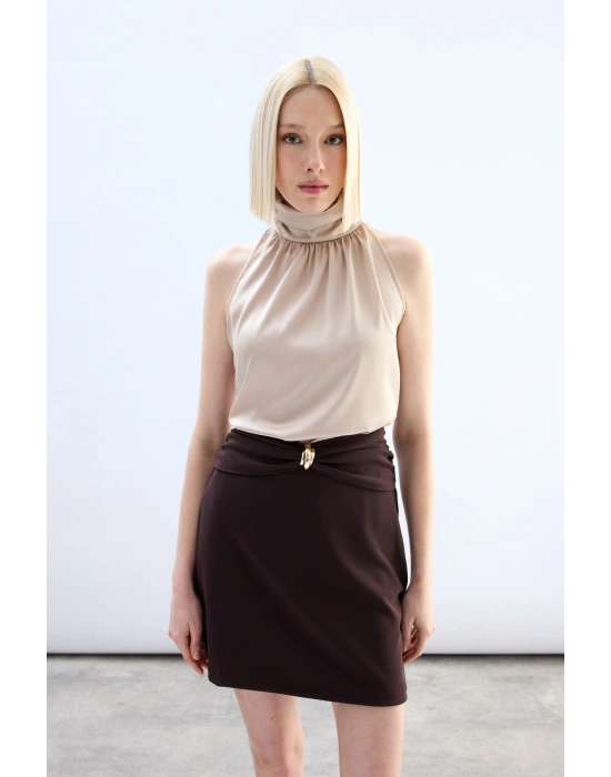 Bel Aksesuarlı Mini Etek - Kahve