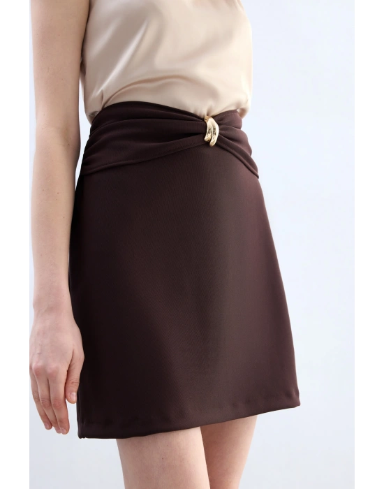 Bel Aksesuarlı Mini Etek - Kahve