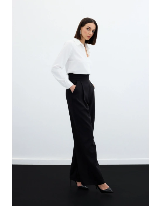 Bel Detaylı Cepli Pantolon - Siyah