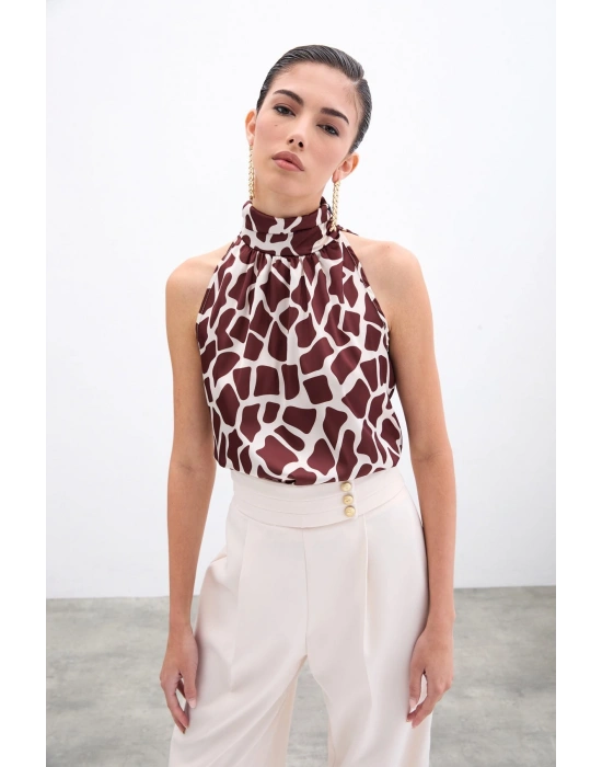 Boğazlı Kolsuz Bluz - Bej-Kahve