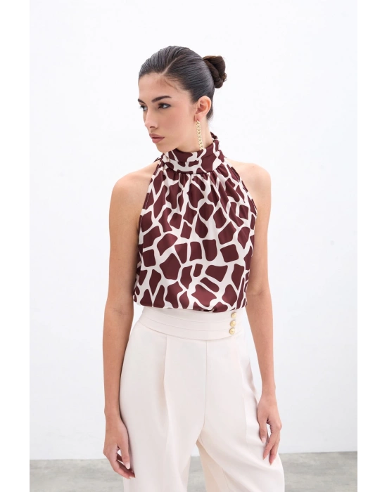 Boğazlı Kolsuz Bluz - Bej-Kahve