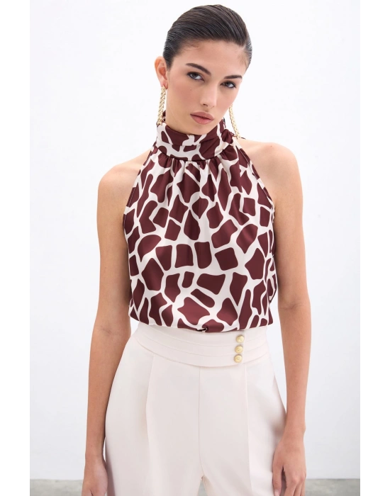 Boğazlı Kolsuz Bluz - Bej-Kahve