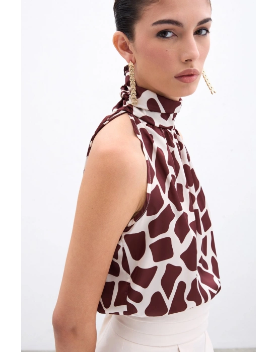 Boğazlı Kolsuz Bluz - Bej-Kahve