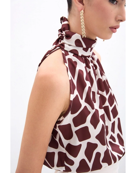 Boğazlı Kolsuz Bluz - Bej-Kahve