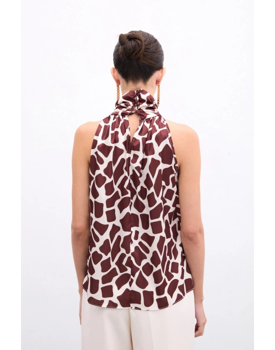 Boğazlı Kolsuz Bluz - Bej-Kahve