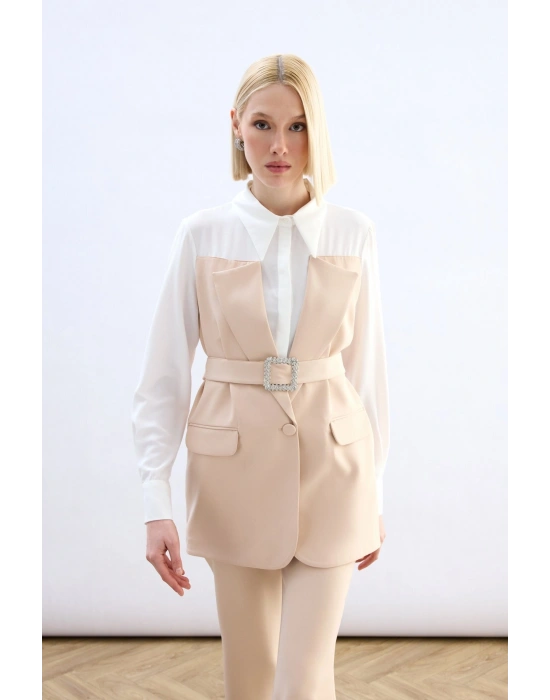 Ceket Görünümlü Gömlek - Bej