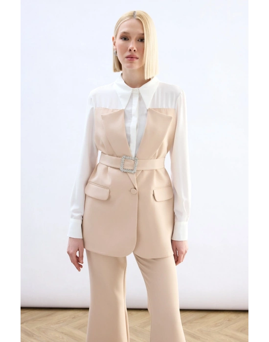 Ceket Görünümlü Gömlek - Bej