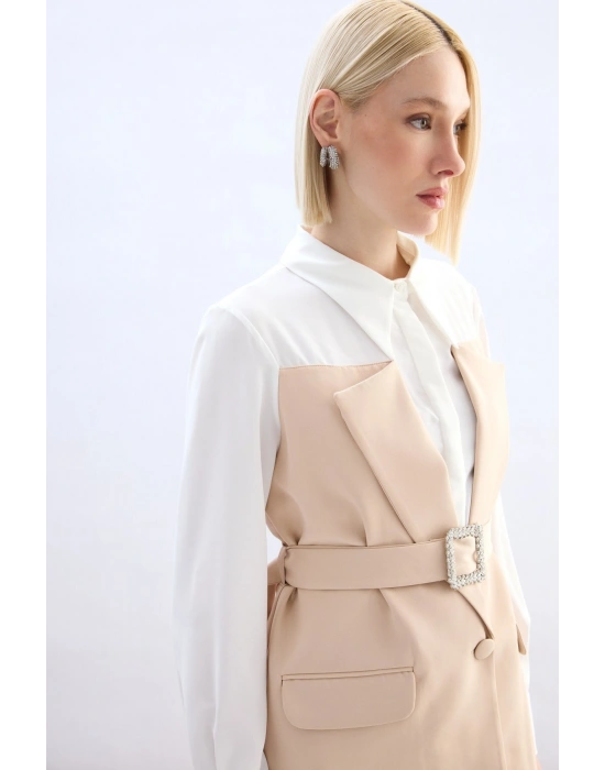 Ceket Görünümlü Gömlek - Bej