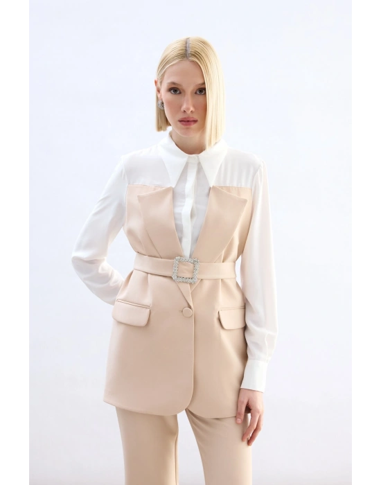 Ceket Görünümlü Gömlek - Bej